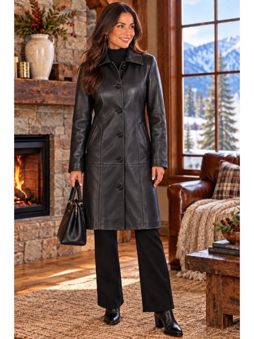 Orsa By Luciano Womens Black Leather Long Coat With Button Closure Size S